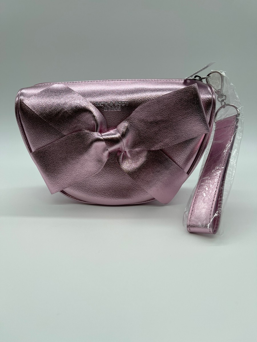 Bath Body Works Metallic Pink Bow Cosmetic Bag Makeup Zippered