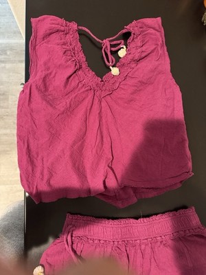 daily PRACTICE Women's Purple 2 Piece Top & Shorts Set M Ruffle Pom Pom Bohemian