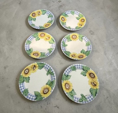 6 Corning Corelle SUNSATIONS Salad Dessert Plate-Blue Plaid Yellow Sunflowers