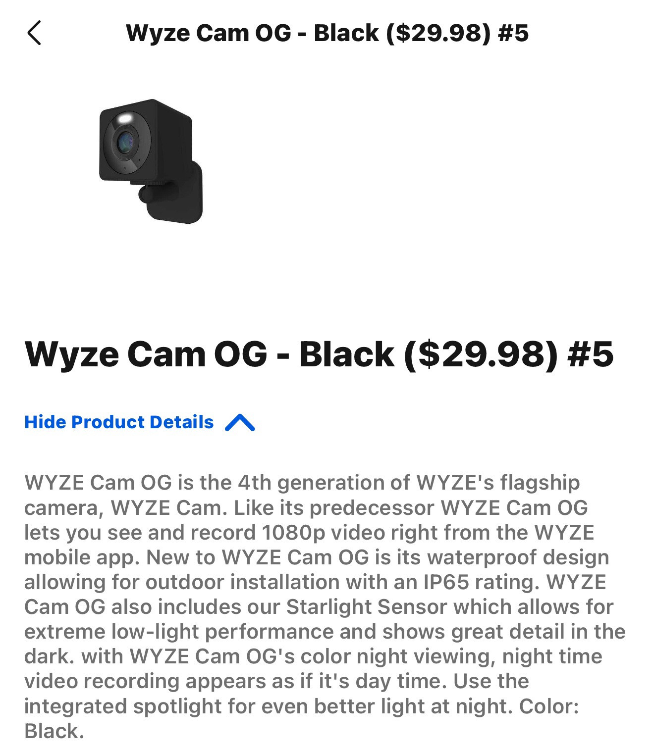 WYZE CAM OG BLACK WIFI WIRELESS 1080P SECURITY PET CAMERA WYZECGB international-image