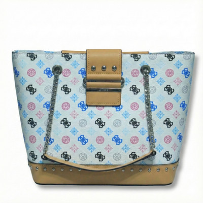 NEW Guess Greta Tote Handbag White Multi Logo Print Faux Leather Tan Trim Studde