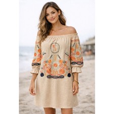 Ellison Womens Boho Embroidered Off Shoulder Peasant Dress Floral Beige Size L