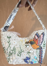 Women s White Beaded Top Handle Bag Floral Bird Theme Magnetic Closure Lined