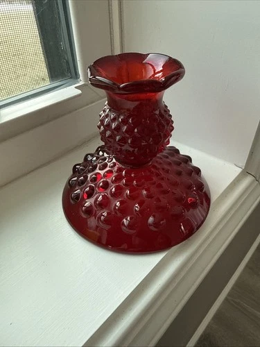 Vintage Fenton Ruby Red Amberina Hobnail Glass Candlestick Holder 3.5" Tall