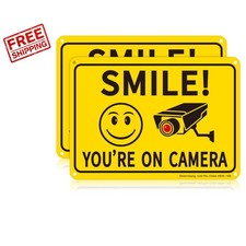 Easy Install 2-Pack Smile You're on Camera Signs, 10x7in for Secure Homes