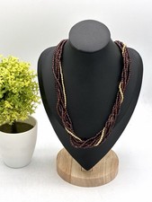Vintage Multi Strand Twisted Burgundy Glass Seed Bead Gold Necklace 18 Inch
