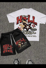 Men's 2 Piece Graphic T-Shirt Shorts Set Crew Neck Drawstring L Black White