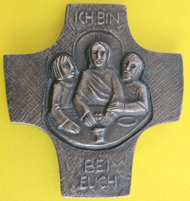 Vintage Modernist Bronze Cross, German, Ich Bin Bei Euch