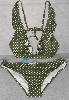 CUPSHE Olive Green White Polka Dot Bikini Sz XL Ruffle Plunge 2 Pc Swimwear NWT