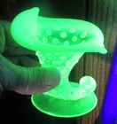 Vintage Fenton Topaz Vaseline Opalescent Uranium Glass Hobnail Cornucopia Vase