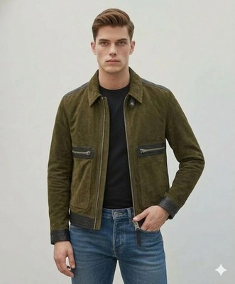 Lambskin Leather Suede Jacket Handmade Men's Olive Green Stylish Motorcycle Fit