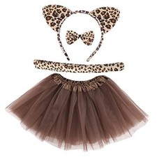 4 Pcs Costume Set Leopard Cat Ears Headband Tails Ears Bow Kids Brown Cheetah
