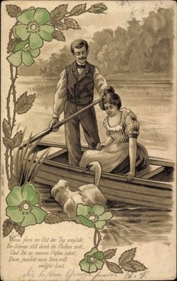 Präge Litho Liebespaar, Ruderboot, Schwan, Wenn fern im Ost der... - 5043628