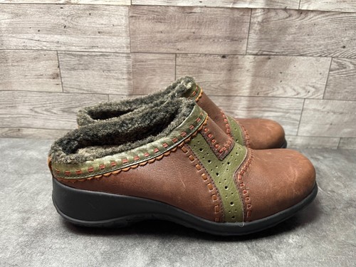 Clarks Artisan Mules Women 6.5M Shoes Clogs Brown Green Leather Lined Slip On - Picture 3 of 16
