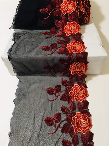 Red Floral Embroidered Mesh Lace Trim for Sewing/Crafts/Bridal/8" Wide - Picture 12 of 12