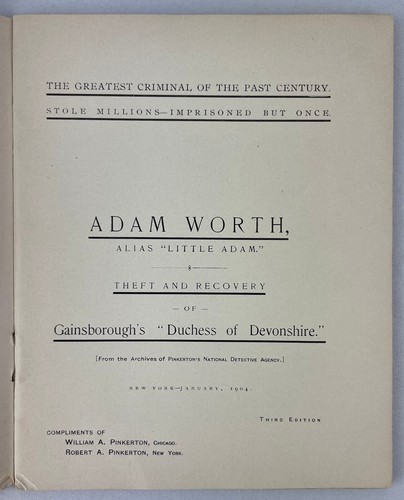 Adam Worth, Alias "Little Adam", 1904, 3rd Ed, Pinkerton Detective Agency, (J2) - Picture 5 of 7
