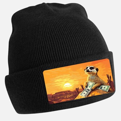 Black Beanie Hat with Cool Meerkat Motif - Unisex Cap, Cotton