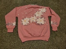 VTG Sweatshirt Womens Large L Pink Leaf Flower Snow Artisan USA Made 90s Grandma