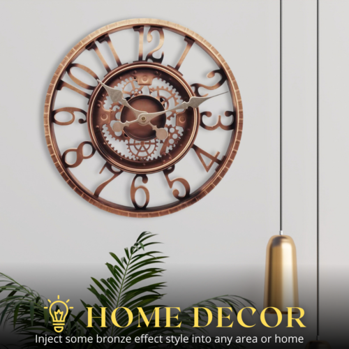Large Outdoor Clock 30cm Garden Decor Copper Effect Home Cogs 