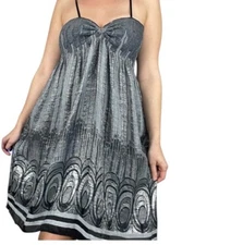 Max Studio Boho Babydoll Spaghetti Straps Silver Black Dress Womens M NWT