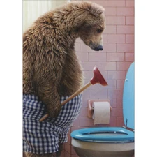 Bear Holding Toilet Plunger Over Blue Toilet Gross Funny Birthday Card