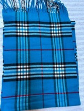 New Soft  Warm Blue Tartan Plaid Checked Cashmere Scarf Fringe Unisex 66" x 12"