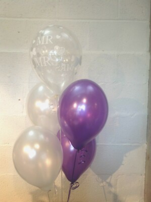 15 Mr & Mrs Pearlised Balloons Purple & White Wedding (Helium Quality)