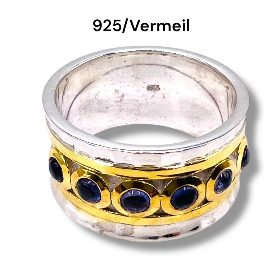 Anillo grueso de plata esterlina 925 de dos tonos de iolita natural banda de oro vermeil Foto 4 de 4