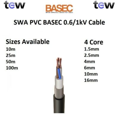 4-adriges SWA PVC BASEC Panzerkabel Größen 1,5 mm, 2,5 mm, 4 mm, 6 mm, 10 mm, 16 mm