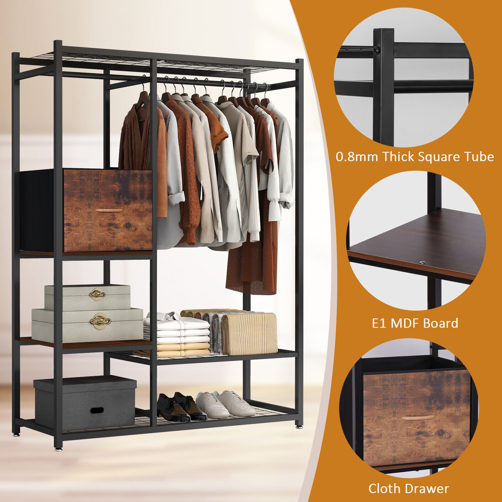550LBS Iron Garment Rack w/ Hanging Rod Drawer Clothing Shelves Closet Organizer