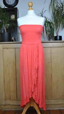 Neu Debenhams Midikleid koralle Rüschen Bandeau asymmetrischer Saum Größe S