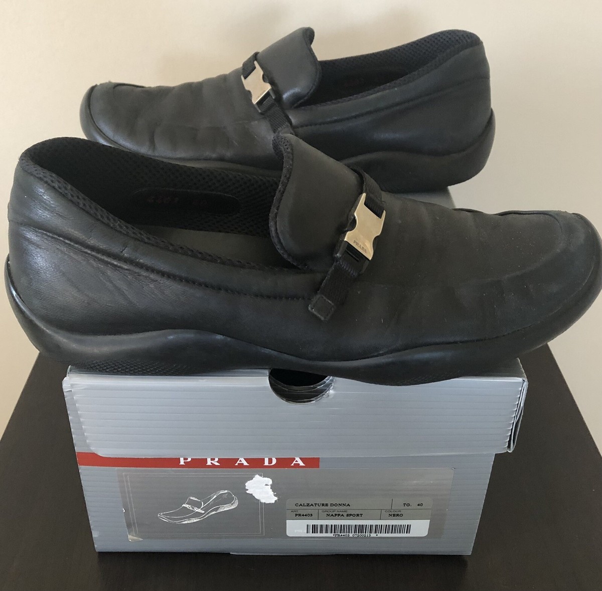 VTG Y2K PRADA Nappa Sport Loafer Shoes BLACK Silver Logo SZ 40 EU