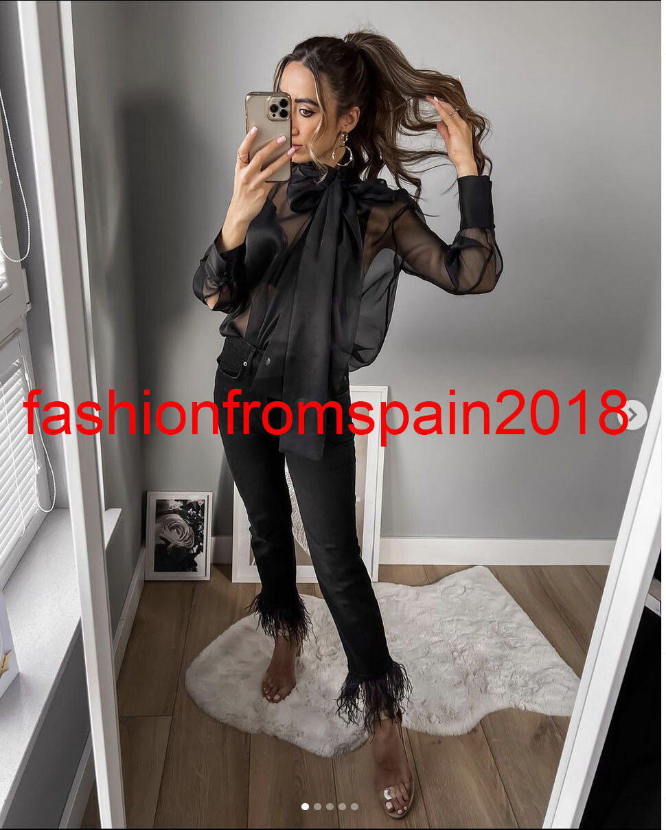 ZARA NEW WOMAN SEMISHEER ORGANZA BLOUSE WITH BOW DETAIL BLACK XSXL