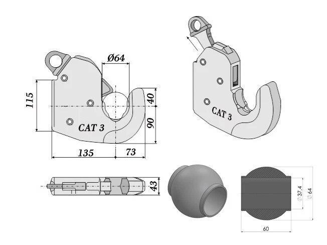 2 x Unterlenker Fanghaken Schnellkuppler + Kugeln Kat. 3 bis 206 KW / 260 PS - Bild 2 von 4