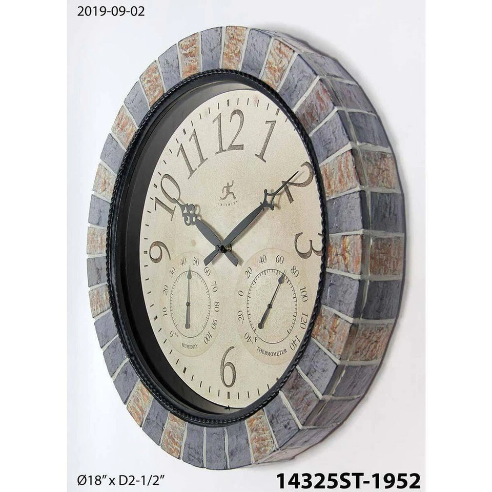 Round Wall Clock Faux Stone-Look Plastic Frame Glass Lens Hygrometer Thermometer - Image 3 of 4