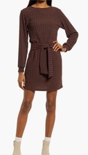 Fraiche By J Dress Brown Sweater Dress Attached Belt XL