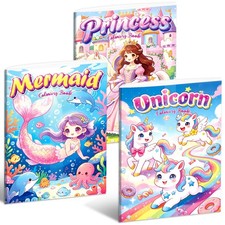 3 Pack Coloring Books for Kids 48 Unicorn, Mermaid, Princess Themes
