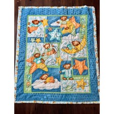 VTG Blue Teddy Bear Stars Moon Flannel Baby Blanket Reversible Celestial 34x41