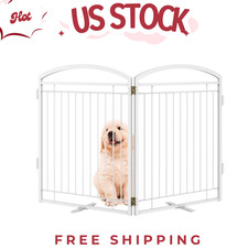 Full Metal Freestanding Dog Gate with Door - 48" Extra Wide, 32" Tall White 