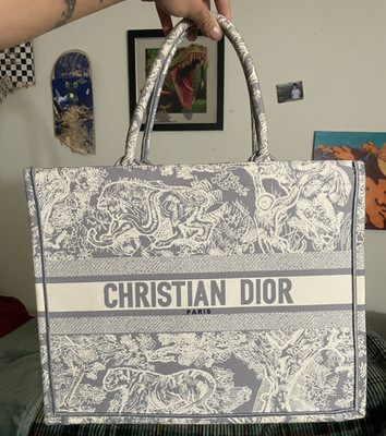 Christian Dior Toile Blue/White Tote Bag Logo Accents Double Handles Open Top