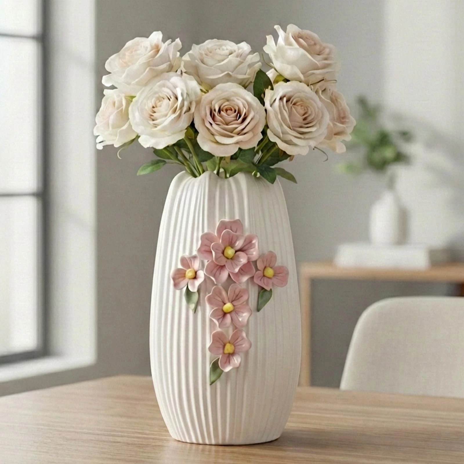 Ceramic Flower Vase - 9 Inch White Modern Vase for Pampas Grass, 3D Floral Va...