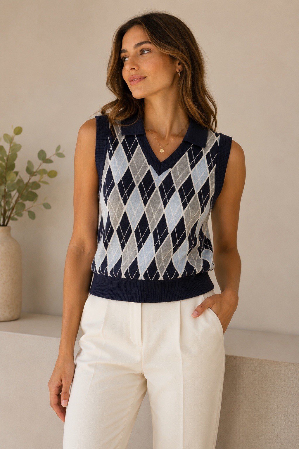 Kancy Kole Argyle Sweater Vest Womens Small Preppy Navy Blue Golfcore Academia
