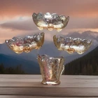 Lot 4 Jeanette Glass Carnival Marigold Footed Scalloped Bowls & Creamer