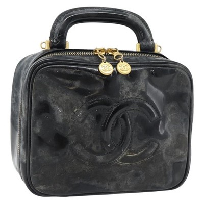 CHANEL COCO Mark Vanity Hand Bag Patent leather Black Gold CC Auth 181661