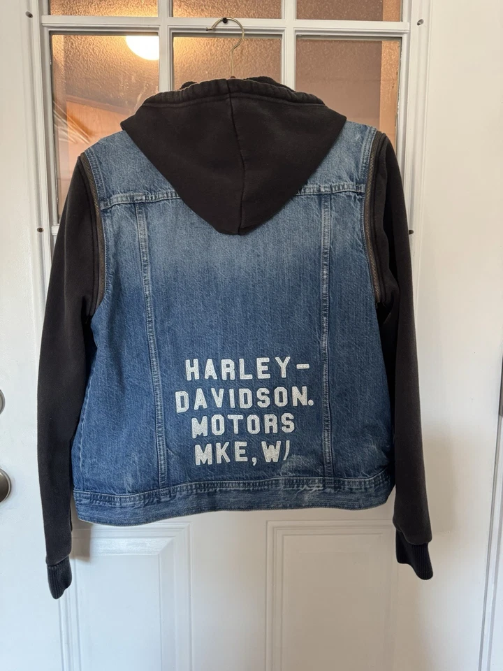 Harley-Davidson Ladies 98402-20VW Blue Black Zip-Off Sleeve Denim Jacket Size L - Image 2 of 4