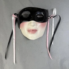 Vintage About Face Clay Art Ceramic Wall Mask Black Pink Made in USA Masquerade