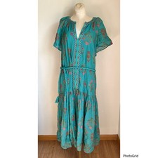 Sundance Boho Teal Embroidered Short Sleeve Dress Large