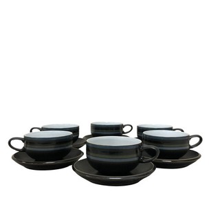 Denby England Jet Stripes 6 Tea Coffee Cups and Saucers Blue Grey Striped Used