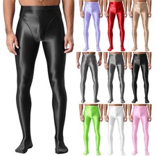 Men's Footed Shiny Glossy Tights Smooth Elastic Slim Fit Pants Pantyhose Gym