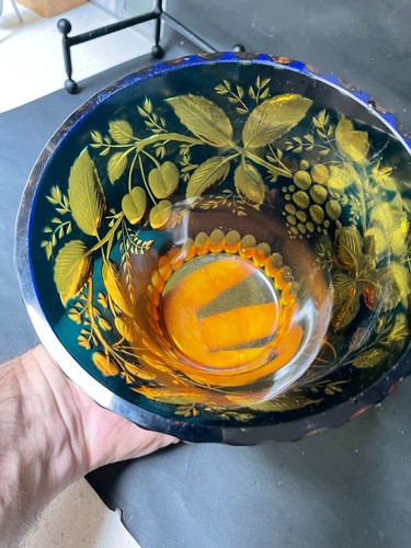 Bohemian Blue Cut to Amber Glass Vase/Planter/Bowl/Flower Pot 5.25 h by 6 w - Picture 8 of 10